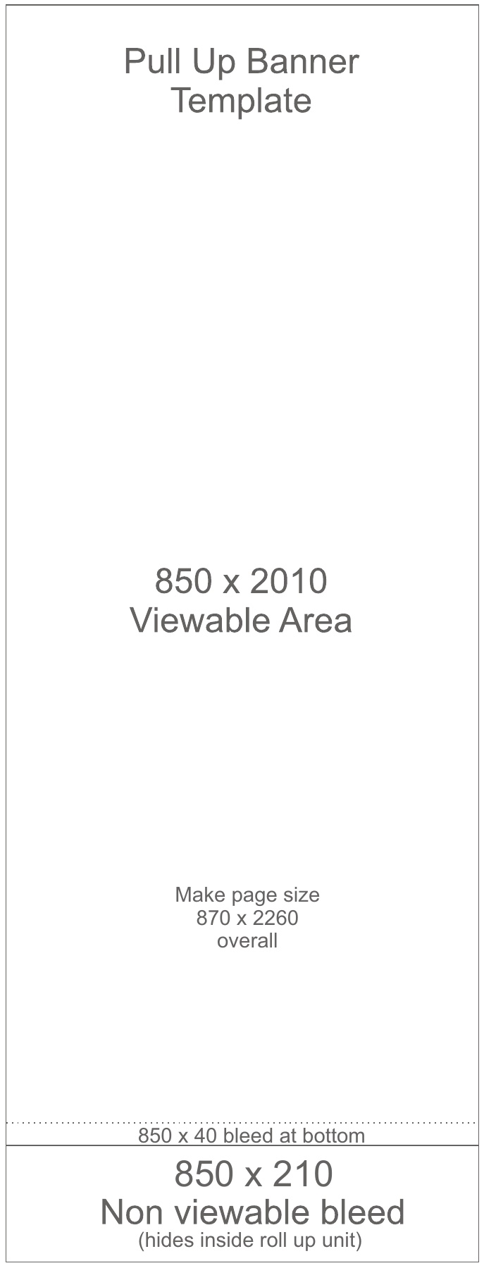 Pull up banner size guideline showing the viewable area, overall page size and hidden bottom bleed